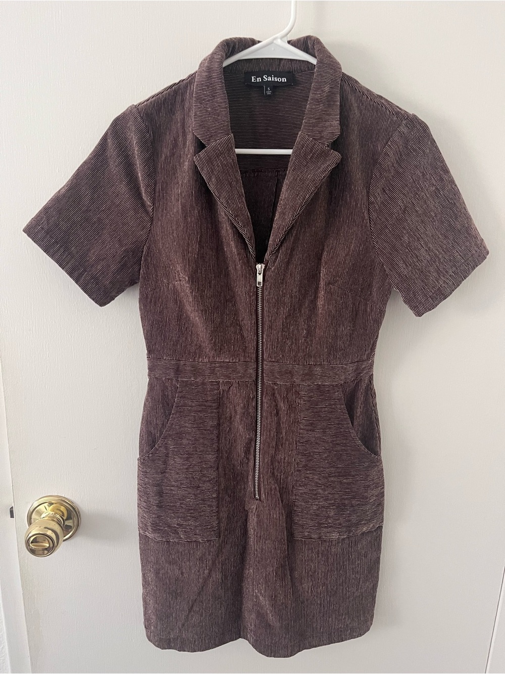 En Saison Women's Corduroy Center Zip Route Mini Dress Brown Pockets Small